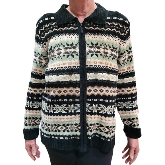 VTG Carolyn Taylor Chenille Fair Isle Sweater Sz S 90s Y2K Zip Front Korea - Picture 2 of 10